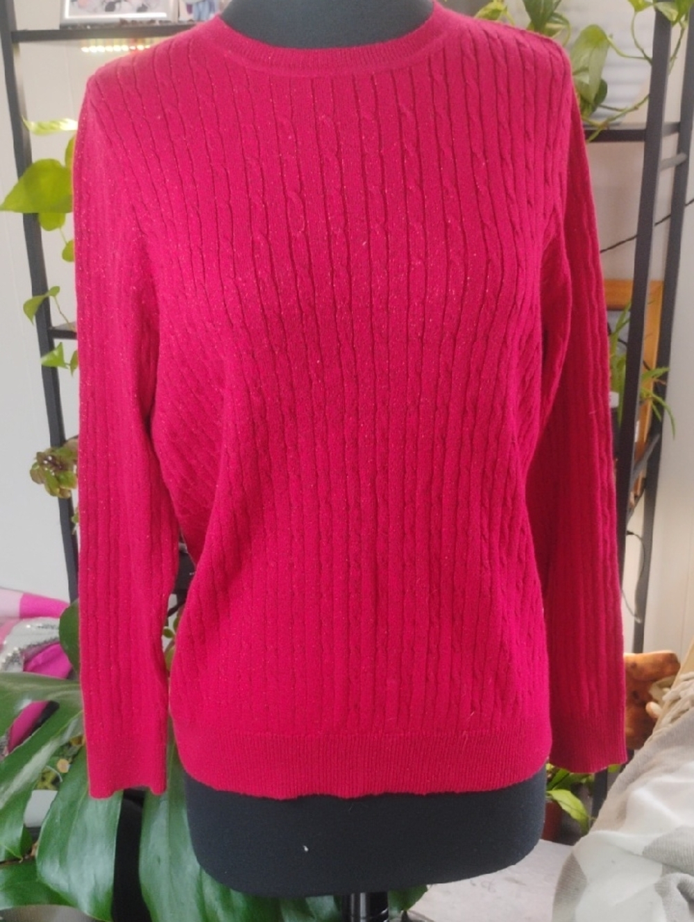 Kim Rogers Cable Knit Crewneck Sweater in Fuchsia
